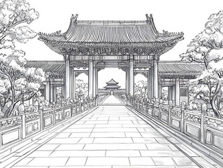 Detailed sketch of a traditional Chinese building entrance with a stone pathway leading to a distant pagoda.