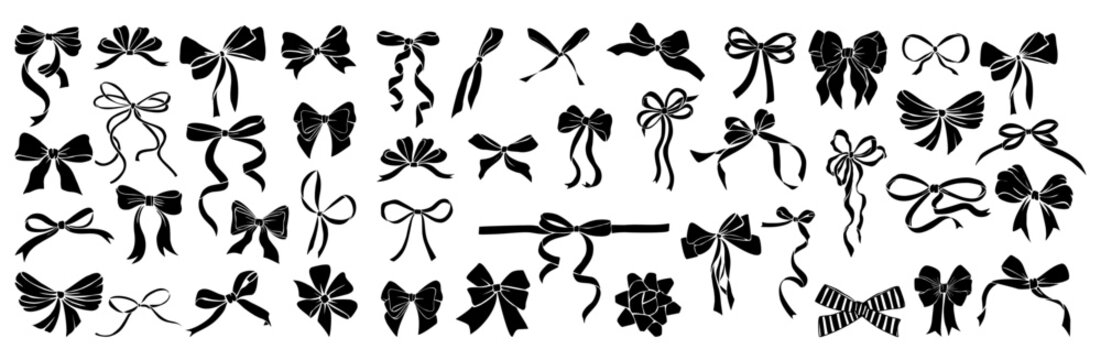 Black Monochrome decorative ribbon bows bundle. Holiday sign collection. Ribbon symbol, accessory logo, cut files. Vector outline illustrations isolated on transparent background.