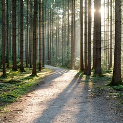 Fototapeta premium A tranquil forest path illuminated by soft sunlight streaming through tall trees, creating a serene and peaceful atmosphere.