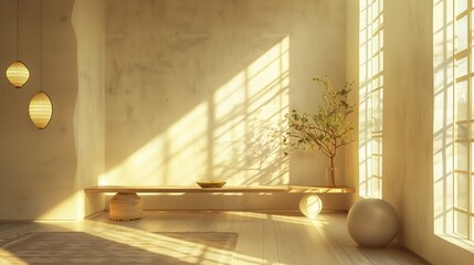 Modern interior japandi style design livingroom. Lighting and sunny scandinavian apartment with plaster and wood. 3d render illustration.