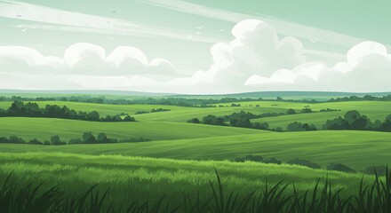 Obraz premium Green Field Landscape with Cloudy Sky and Birds Illustration Serene Nature