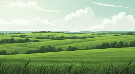 Obraz premium Green Field Landscape Vector Illustration with Cloudy Sky and Rolling Hills