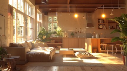 Modern interior japandi style design livingroom. Lighting and sunny scandinavian apartment with plaster and wood. 3d render illustration.