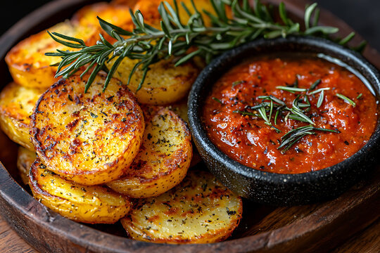 Roasted potato slices served with a savory red sauce garnished with fresh rosemary presented on a wooden platter.