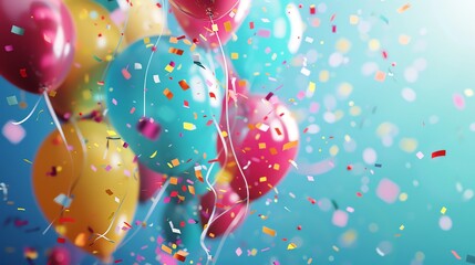 Colorful balloons and confetti celebrate a special occasion.
