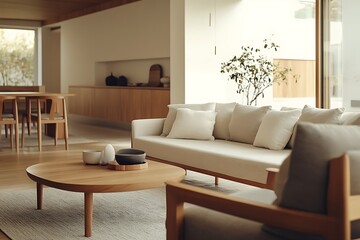 Fototapeta premium Serene Minimalist Living Rooms with Soft Colors, Natural Textures, and Modern Furniture
