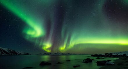 Naklejka premium Witnessing Aurora Borealis Green Night Sky Over Lofoten Islands Norway