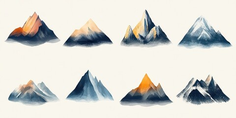 Watercolor paintings of several colorful mountain landscapes are displayed