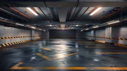 stock photo features a dimly lit, empty concrete garage with gray walls, creating an abstract and grungy atmosphere that evokes a sense of futuristic design, industrial aesthetics, and a potential set