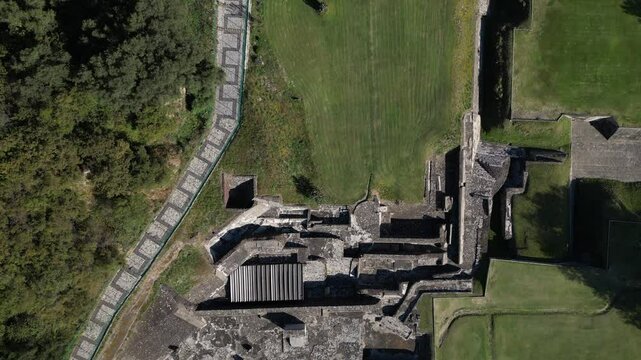 Top down aerial view , flying over archaeological site at great pyramid of Cholula, Mexico.
