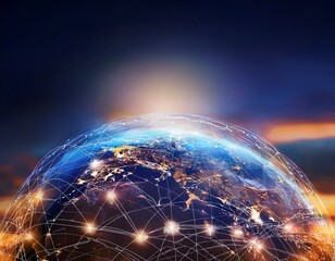 Escena que represente la globalización, como un mundo conectado con líneas de red