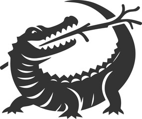 Crocodile biting a stick playfully vector silhouette