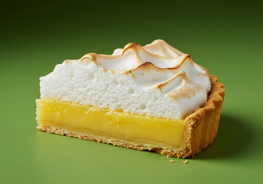 Close up of a Creamy Lemon Tart Topped with Fluffy White Meringue on Green Background