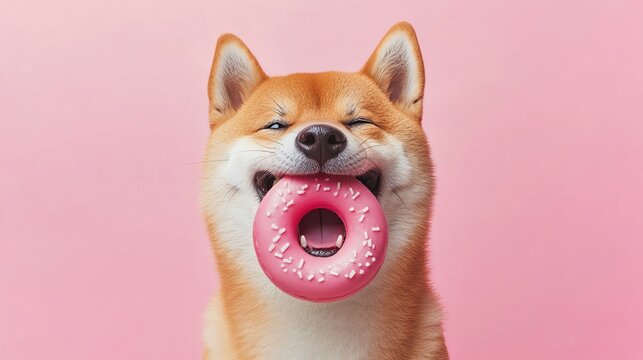 Playful dog with donut on a pink background.