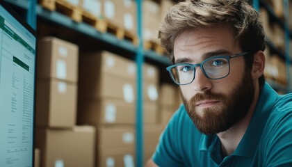 A focused young man with glasses sits at a computer in a warehouse, surrounded by stacked boxes, analyzing data on the screen.
