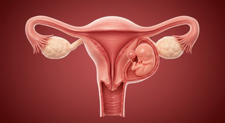 Illustration of the female reproductive system with a developing embryo.