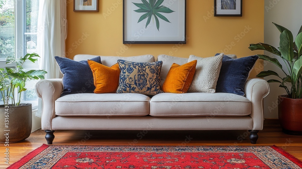 Poster a stylish sofa adorned with colorful pillows sits on a rich red rug, surrounded by greenery and arti