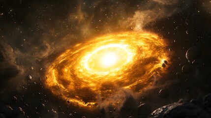 Fototapeta premium 75. A bright, shimmering star surrounded by a disc of gas and debris, in the process of forming planets