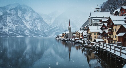 Fototapeta premium Snowy Hallstatt Austria Winter Landscape with Reflection on Lake Water