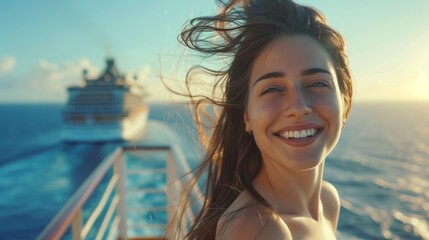 young woman with a radiant smile stands near cruise ship, her hair gently blowing in sea breeze as she takes in panoramic view of sparkling ocean, feeling a sense of freedom sunny summer dayom a