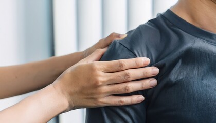 Obraz premium Close-up of hands providing care and support on a person's shoulder.