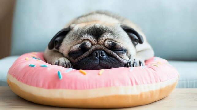 Cute pug dog sleeping on a donut-shaped bed.