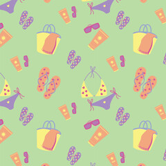 Tropical beach seamless pattern, vector illustration with swimsuit, sandals, bag, and sun essentials