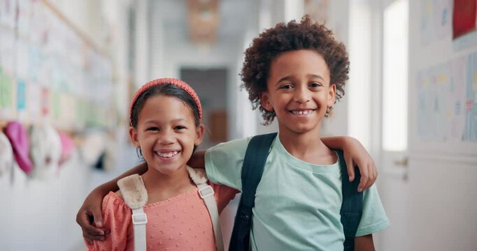Education, youth and face of friends at school for learning, knowledge and future. Child development program, studying and growth with kids in hallway of Stem academy for students, classroom or smile