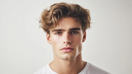 Stylish Man with Wavy Hairstyle and Middle Part Against Neutral Background