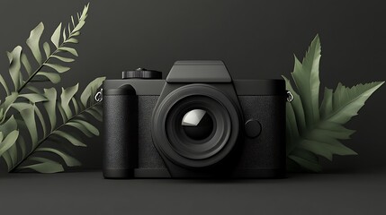 Sleek Black Camera: 3D Render with Lush Greenery AI Generated