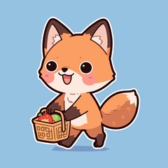 Cute Fox Carrying Basket of Fruits