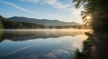 Fototapeta premium Lake Sunrise with Mist over Water and Reflections in Germany