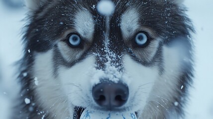 Obraz premium Intense blue-eyed husky, face covered in snow, holding a ball. Close-up shot