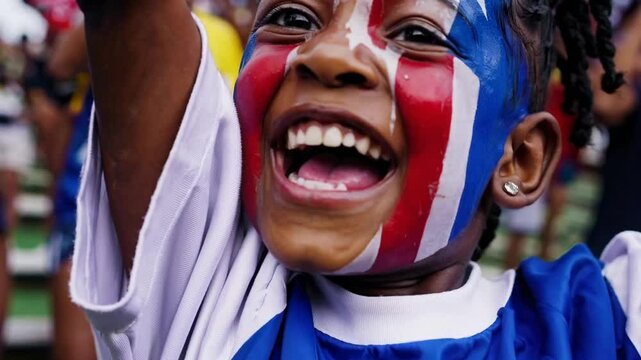 Excited Dominican child with vibrant flag face paint cheering at a stadium sports event  
