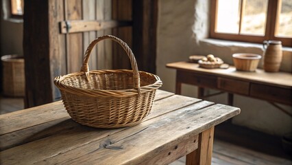 A charming wicker basket sits on a rustic wooden table, bathed in soft, natural light, in a quaint, country setting. The scene evokes feelings of warmth and serenity.