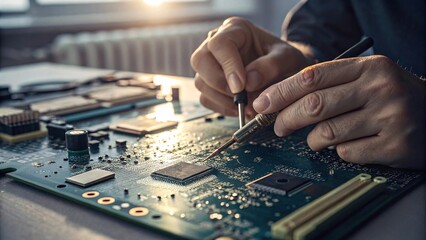 Precise Hands Solder Microchip Onto Circuit Board Creating Technological Marvel A Work Of Precision.