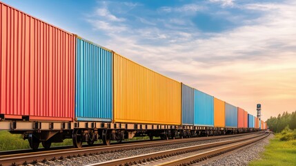 Obraz premium Colorful cargo train at sunset.