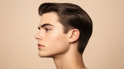 Fototapeta premium Young Male with Sleek Comb Back Hairstyle in Profile View