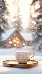Obraz premium White cup of coffee cappuccino resting on golden tray with snowy winter cabin in christmas background during snowfall
