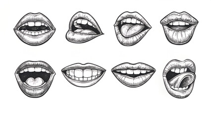 Set of Hand-Drawn Mouth Expressions, Sketch Styles Isolated On White Background