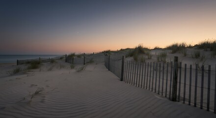 Walking Sand Dunes at Sunset with Fence and Grass Details