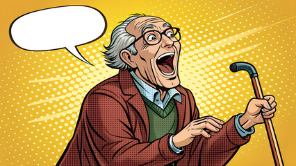Announcing Senior Man with Glasses and Blank Speech Bubble, Pop Art Style, Retro Comic Book Illustration