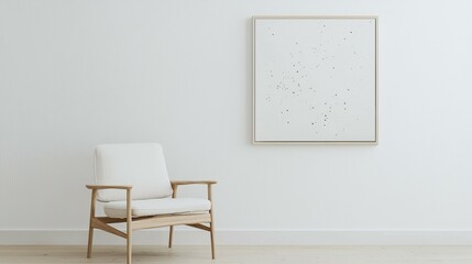 A minimalist interior featuring a white chair and abstract artwork on a light-colored wall.