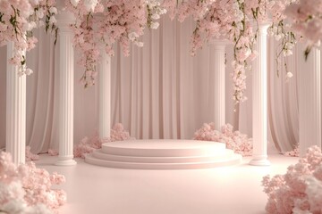 Elegant floral podium, pink pastel columns, draped fabrics, celebration