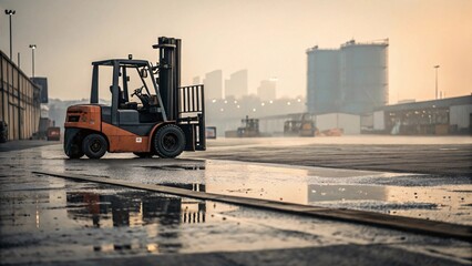 A lone forklift rests on damp pavement, its reflection shimmering in puddles, a hazy cityscape backdrop hinting at early morning industry.