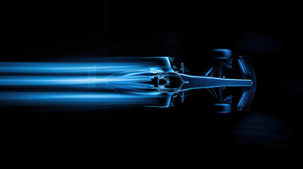 Formula one car speeding through darkness leaving blue trails