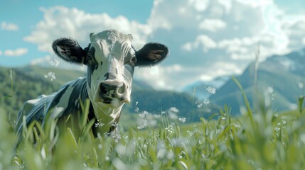  "Black and White Cow in Mountain Meadow"