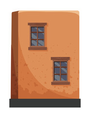 Adobe house. Traditional building illustrate craftsmanship of rustic architecture. Construction with wooden elements. Vector cartoon illustration