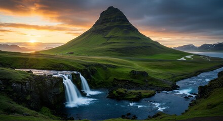 Kirkjufell Mountain Waterfall Landscape Scenery at Sunset in Iceland