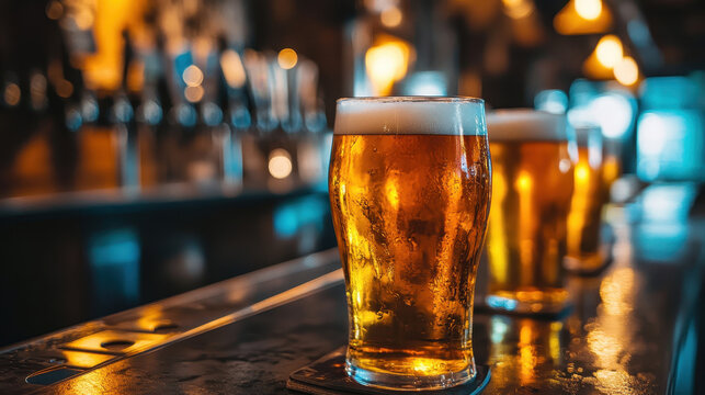 cold glass of beer with condensation sits on a reflective bar counter in a dimly lit pub. Warm ambient lighting and blurred background create a cozy, inviting atmosphere for socializing and relaxation